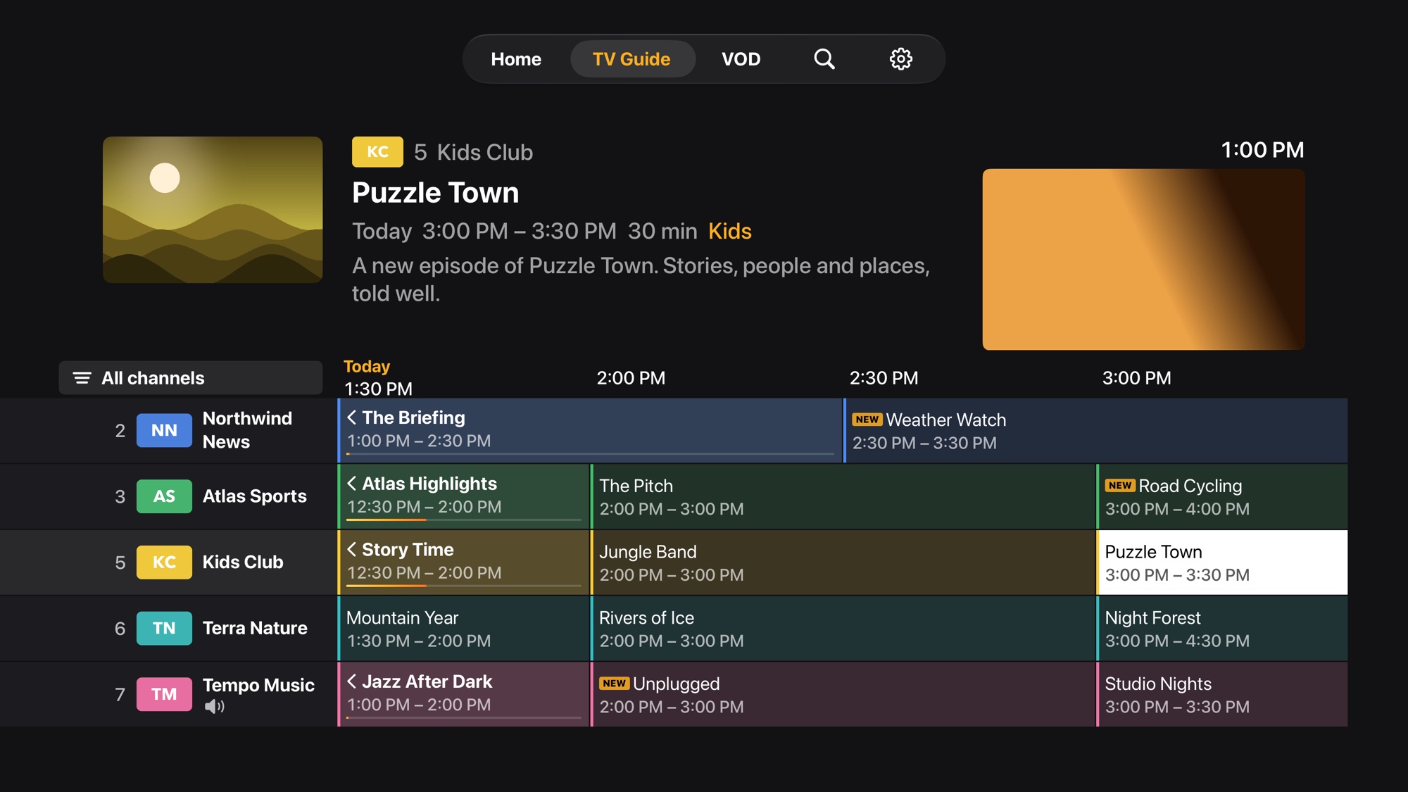 SoliTV Guide Timeline on Apple TV